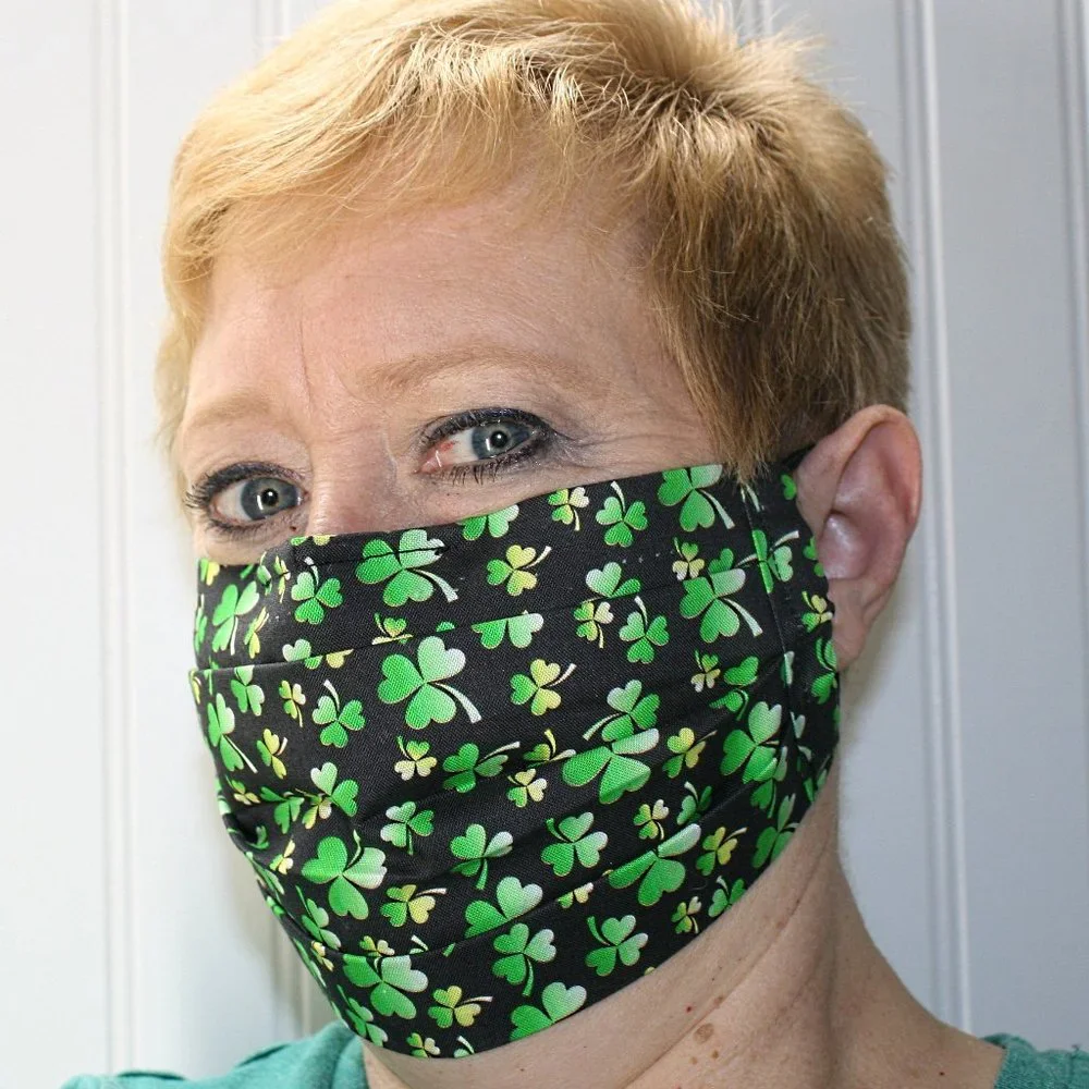 HAND CRAFTED Face Mask Black Shamrock Adult Cloth Fabric Print - Pocket Style